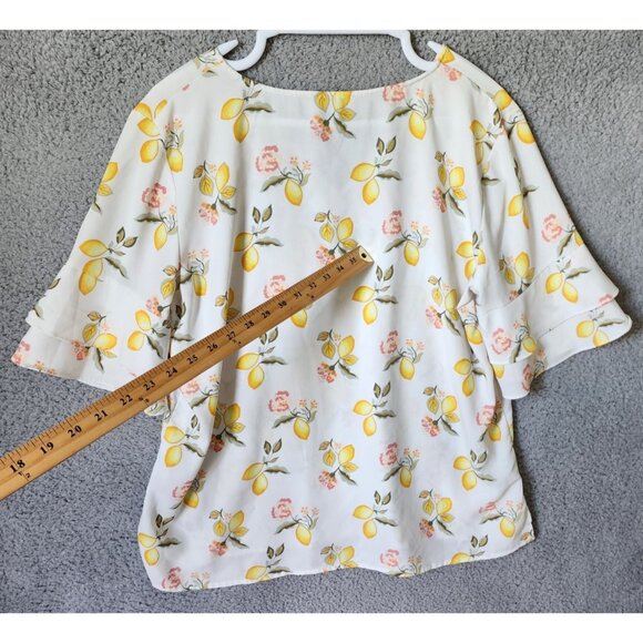 Loft Women's Short Layered Sleeve V Neck Blouse Top Lemons Print Polyester Sz L - Picture 10 of 13